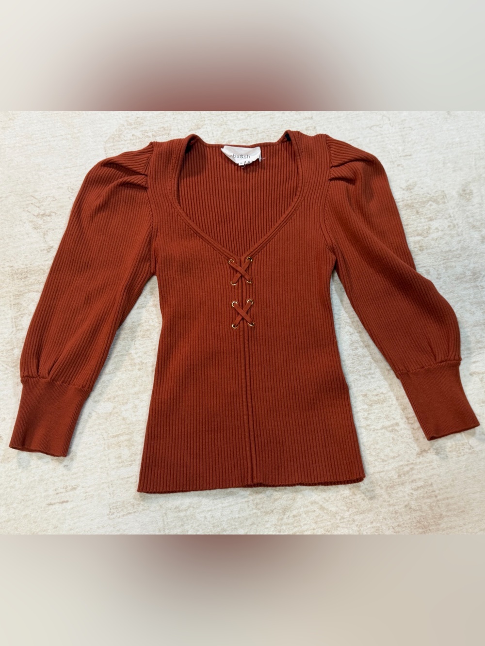Rust Lace-Up Ribbed V-Neck Sweater - Unknown Brand